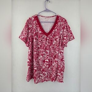 White Stag Red Floral V-Neck Short Sleeve Top
